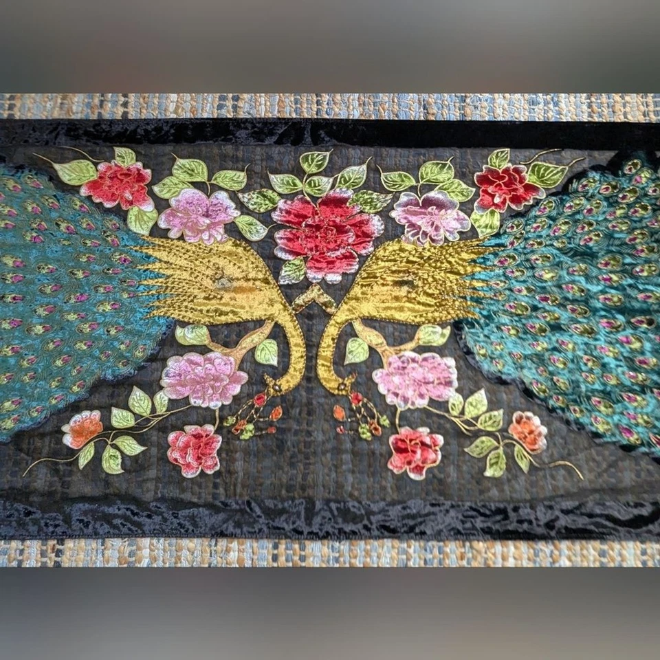 Peacock Embroidered Velvet Shawl Wrap 86x26 Silk Luxurious Ornate Royalcore Roma - Image 3 of 4