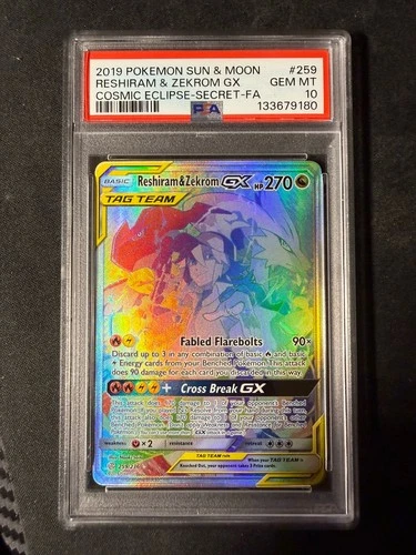 2019 Pokemon Sun Moon Cosmic Eclipse Reshiram Zekrom Tag Team GX 259/236 PSA 10