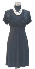  R & M Richards Knit Dress 8 Black Fit & Flare Ruched Beaded Evening V Neck 10 M
