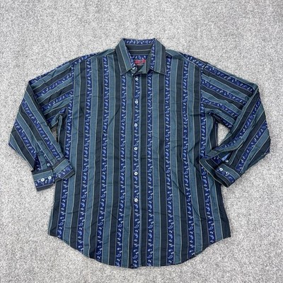 Bugatchi Uomo Shirt Mens M Blue Stripe Paisley Cotton Long Sleeve Button Front