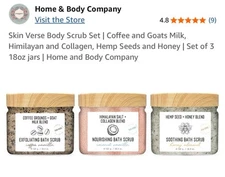 Home and Body Company Skin Verse Body Scrub Set.  3 Different 18oz Jars.