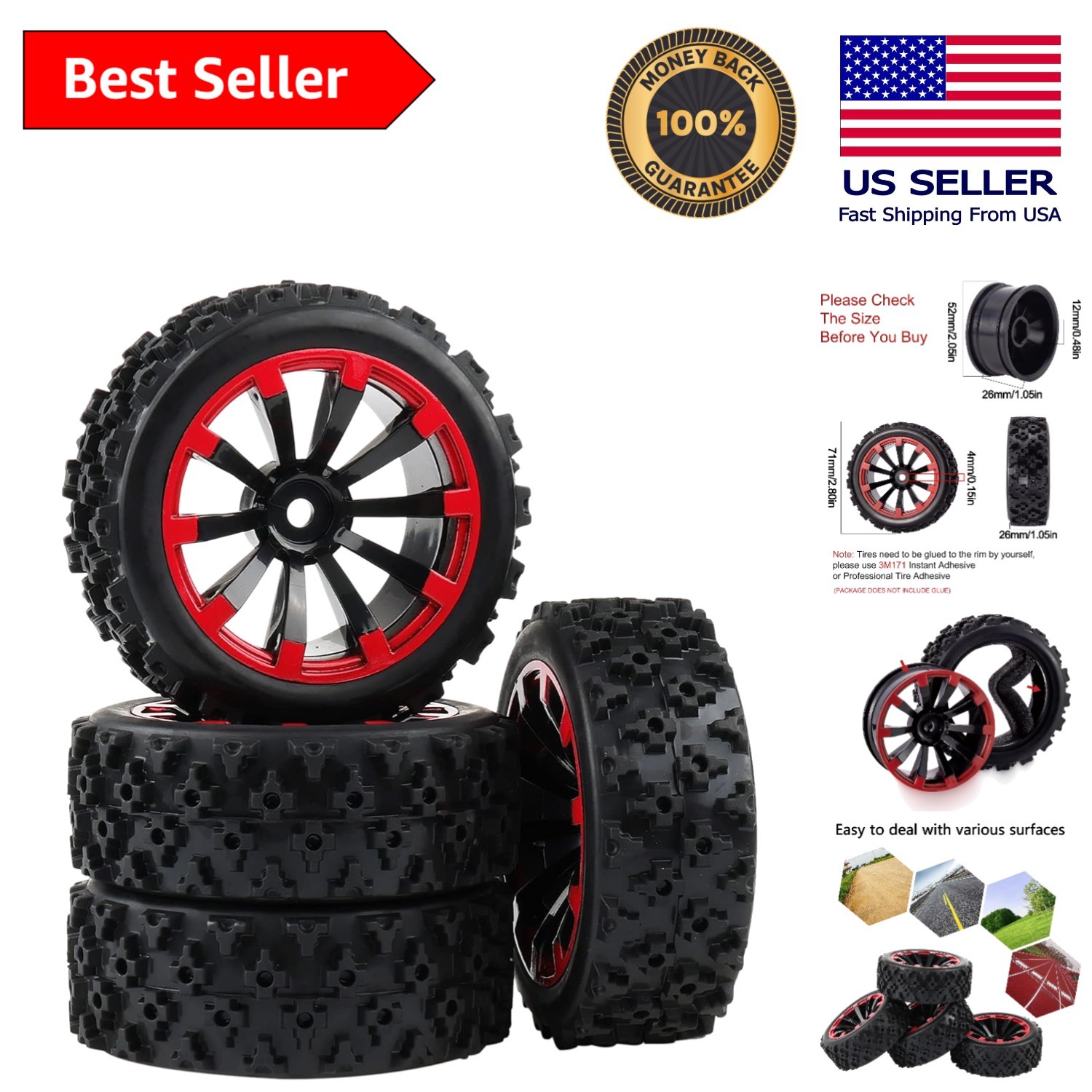 KEEDA Lot de 4 pneus en caoutchouc grain pour voiture de rallye RC 1:10 Tamiya HSP HPI Kyosho 1/16 RC Noir