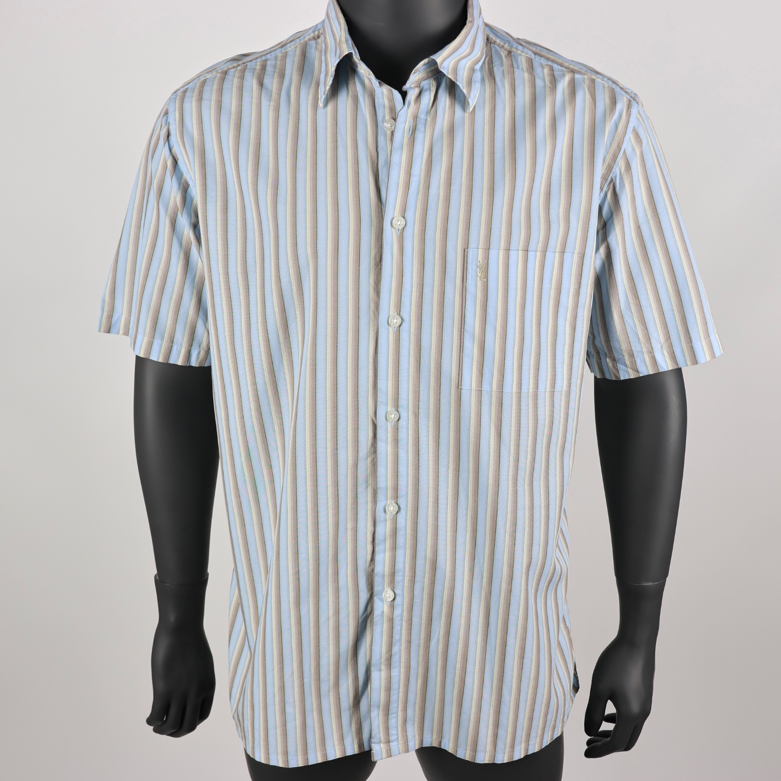 Yves Saint Laurent YSL Camicia Uomo Righe Manica Corta Blu Beige Cotone Taglia L