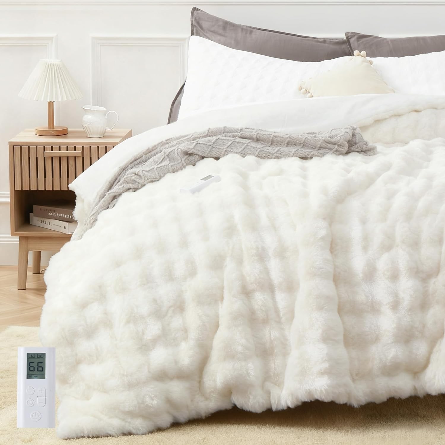 Wireless Heated Comforter Blanket Queen Faux Electric 6 Heat Levels Auto Off XL