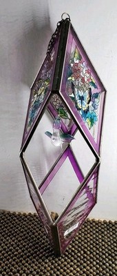 Vtg AMIA 13'' Hanging Diamond Panel Purple & Clear Stained Glass w/ Bird Inside