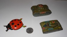 Vintage Japan Litho Tin Crawling Ladybug 2 Friction Army Tanks as is parts