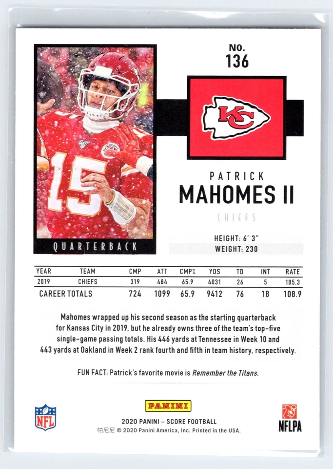 2020 Panini Score Base #136 Patrick Mahomes II - Image 2 of 2