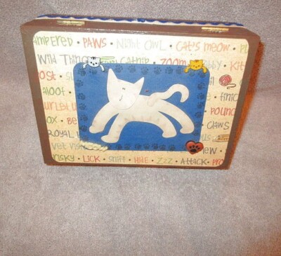 70s Vintage Wood Decoupage Cat Box Jewelry Keepsakes Trinket Stash 3D Handmade