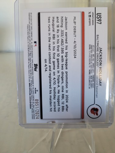 Actualización Topps 2024 debut novato Jackson Holliday RC #US97 Gold Border #951/2024 - Imagen 2 de 2