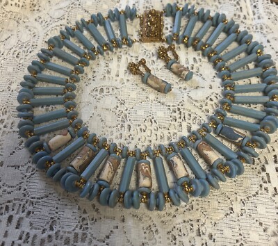 Vintage Miriam Haskell Turquoise Pottery Bead Bib Drop Necklace Earrings Signed