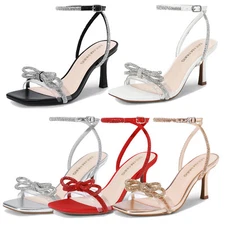 Women Heeled Sandals Bow-knots Rhinestone Ankle Straps Wedding Party Sandals
