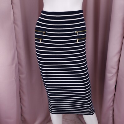Caché Women's Blue & White Striped Knit Zipper Midi Straight Pencil Skirt Small