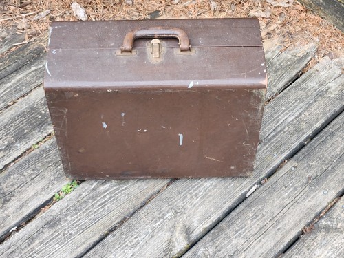 Caja de madera estuche de almacenamiento tapa con bisagras mango de cuero 16x13x7 vintage antiguo - Imagen 15 de 24