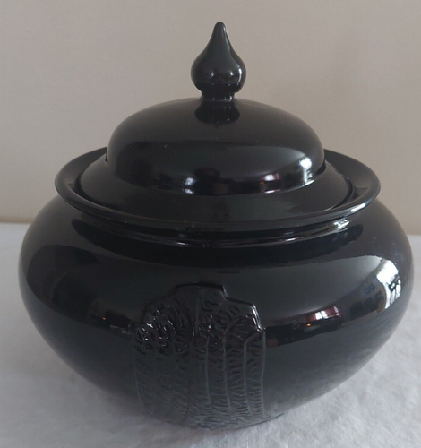 Rare Vintage Black Amethyst Purple Covered Round Glass Jar w/Lid EUC