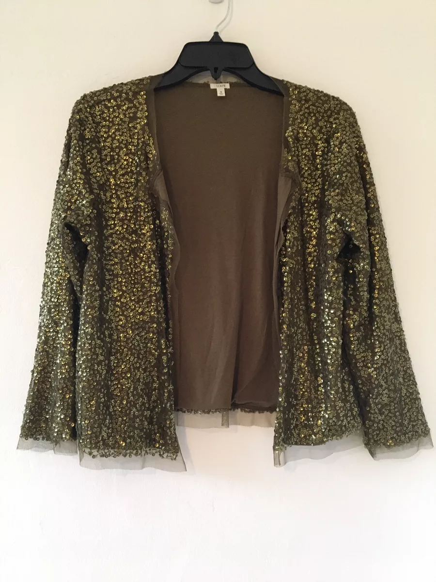 J Crew Sequin Cardigan Mesh Trim Size Small Olive