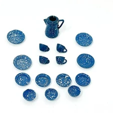 Lot 16 pieces Dollhouse Miniature Blue Speckled Enamelware No Cover for Pot