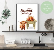 Thanksgiving Highland Cow Farmhouse Rustic Printable Digital Wall Art Home Decor