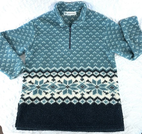 Vintage Lavon Fleece Pullover 1/4 Reißverschluss Schneeflockendruck Made in USA Größe L/XL blaugrün - Bild 8 von 13