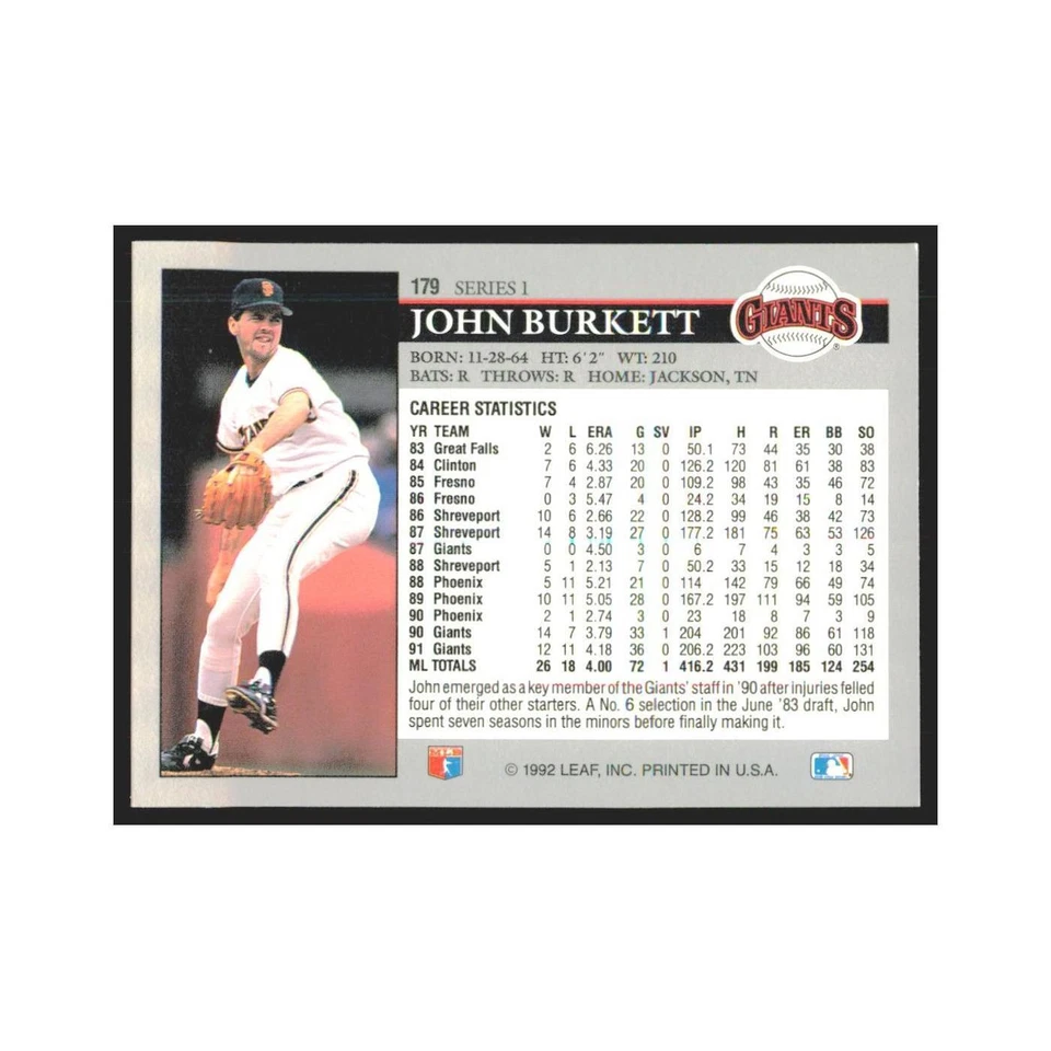 1992 Leaf John Burkett Giants #179.0 - Image 2 of 3