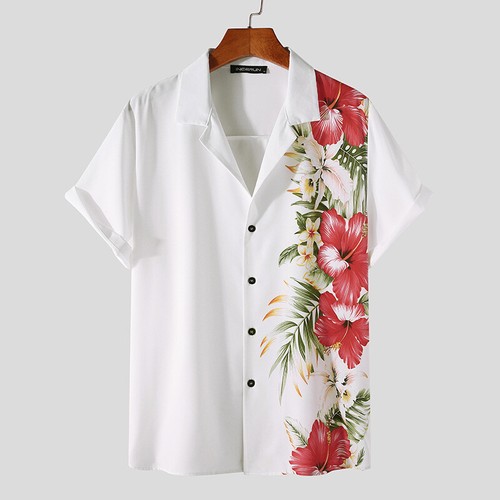 Camicia stampa floreale uomo casual hawaiana colletto risvolto manica corta abbottonata - Foto 3 di 10