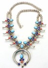Vintage Sterling Silver Turquoise Coral & Lapis Squash Blossom NAJA Necklace