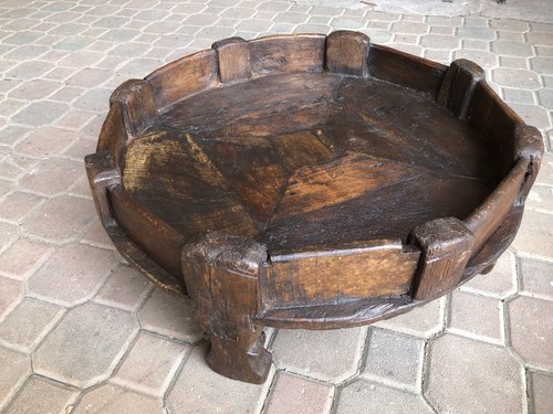 ANTICA VASCA PER MACINA ETNICO ORIENTALE IN LEGNO TAVOLINO BASSO Misure In Foto - Foto 2 di 12