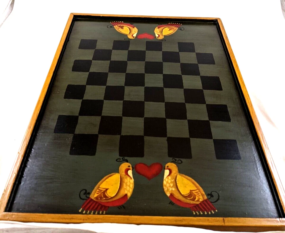 Vintage Folk Art Game Board Checkerboard w/ Love Doves - Image 4 of 4