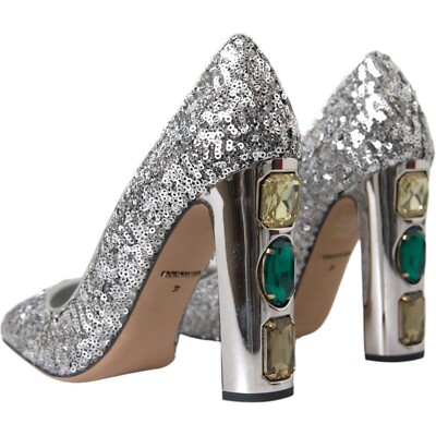 DOLCE GABBANA Shoes Silver Sequin Embellished Heels Pumps EU37  1200usd