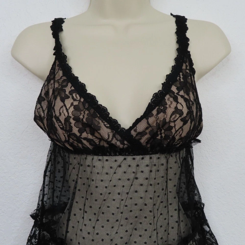 Hanky Panky Womens Small Black Sheer Mesh Lace Sheer Polka Dot Babydoll Nightie Foto 2 de 4