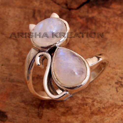 Rainbow Moonstone Gemstone Solid 925 Sterling Silver Cat Ring In Size 4 to 12 - Picture 2 of 10
