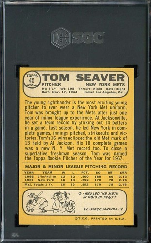 1968 Topps #45 Tom Seaver SGC 8 Mets DP HOF *ADT4654 - Bild 2 von 2
