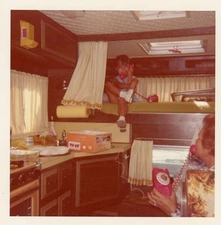 1970s Snapshot Photo Interior Dodge Open Road RV Camper Girl Toy Phone VTG Decor