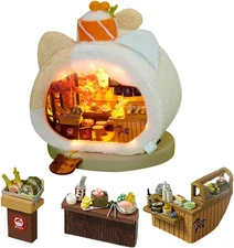 3D Wooden Book Stand Puzzle DIY Dollhouse Wood Nook Model Building Kit with LED