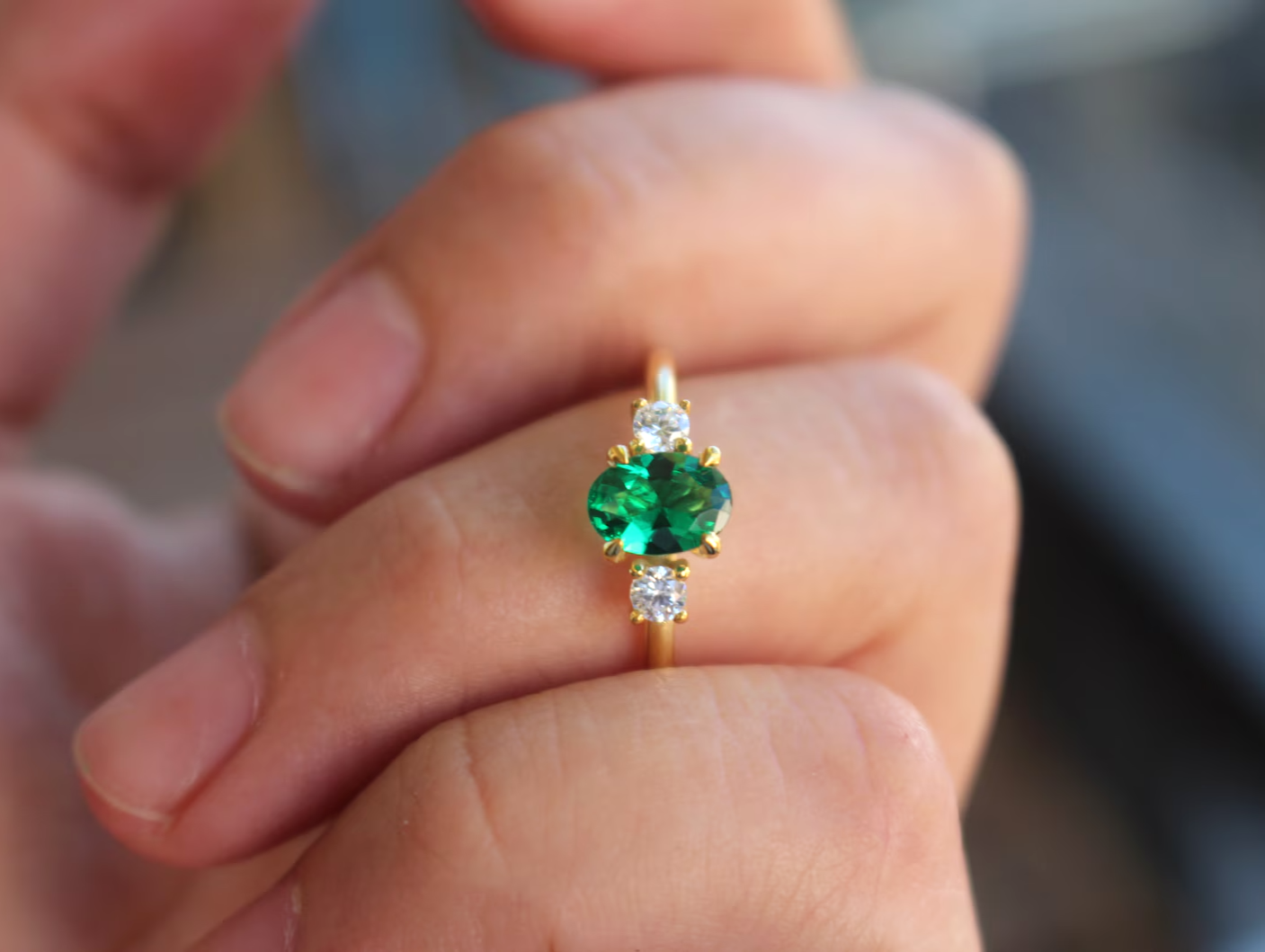 Emerald Engagement Ring, Three Stone Ring, gold plated 925 Sterling silver ring-image