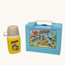 Kit de almuerzo de plástico con termo marca termo de los Pitufos de la década de 1980 de colección