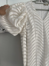 Ft Inc V-Neck Mesh Striped Puff Sleeve Mini Dress White Long Sleeve Size M