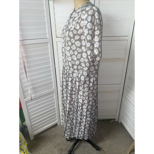 Orvis 90s VINTAGE RAYON Shift Shirt Dress Khaki Tan White Floral Pleated X-Large - Picture 9 of 11