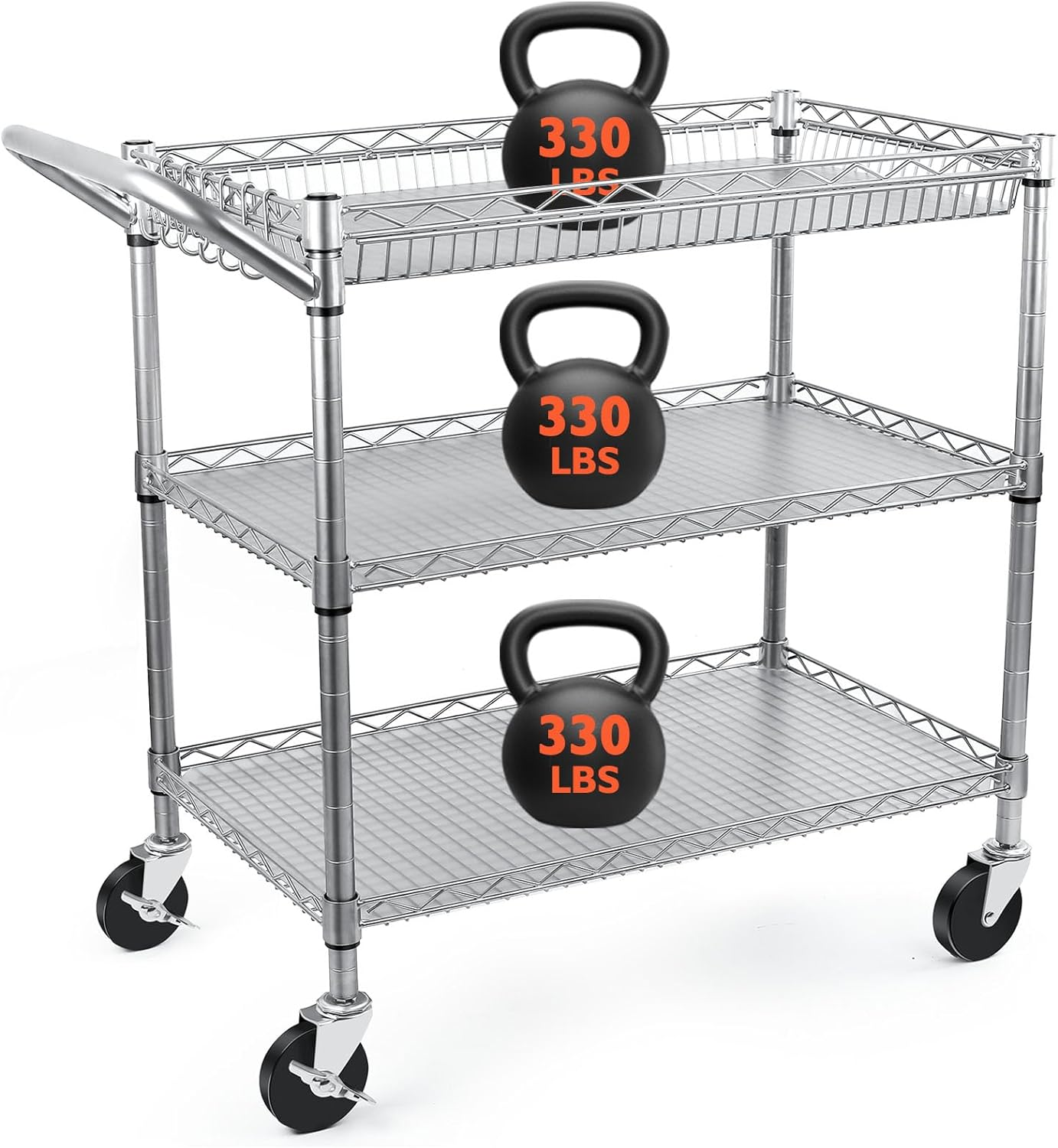 Heavy Duty Utility Cart, 990Lbs Capacity 3 Tier Rolling Carts with Wheels, Kitch