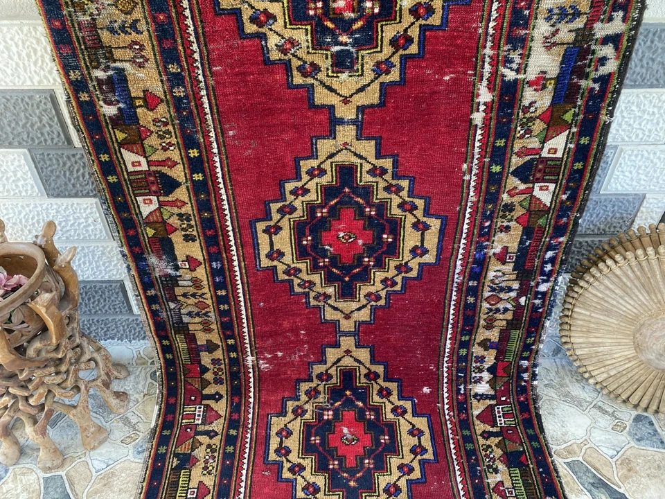 Vintage Turkish Tribal Rug | 3 x 9 ft Farmhouse Hand-Knotted Wool Geometric Rug - Image 4 of 4