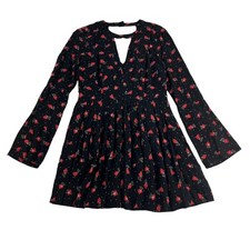 Free People A-Line Dress Women’s 4 Black Red Floral Bell Sleeve Keyhole Back $98