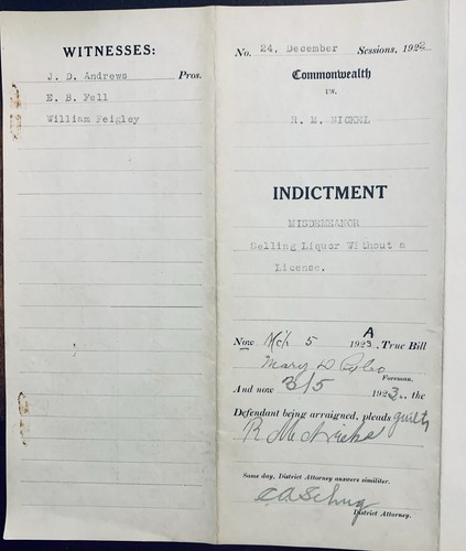 1922 Prohibition Indictment Selling Liquor Without License Triple Signature
