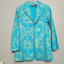 Additions by Chico's Jacket Blazer Size Small 4 Teal Gold jacquard Print