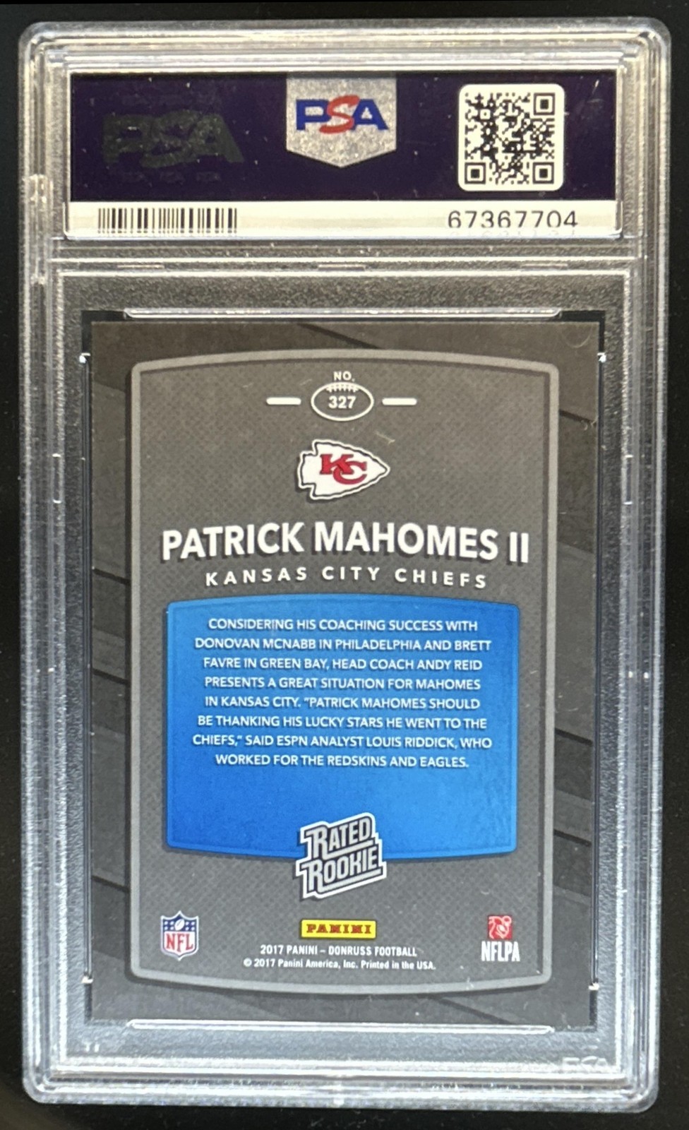 2017 Panini Donruss Patrick Mahomes II RC Rated #327 Chiefs PSA 10 Rookie view 2