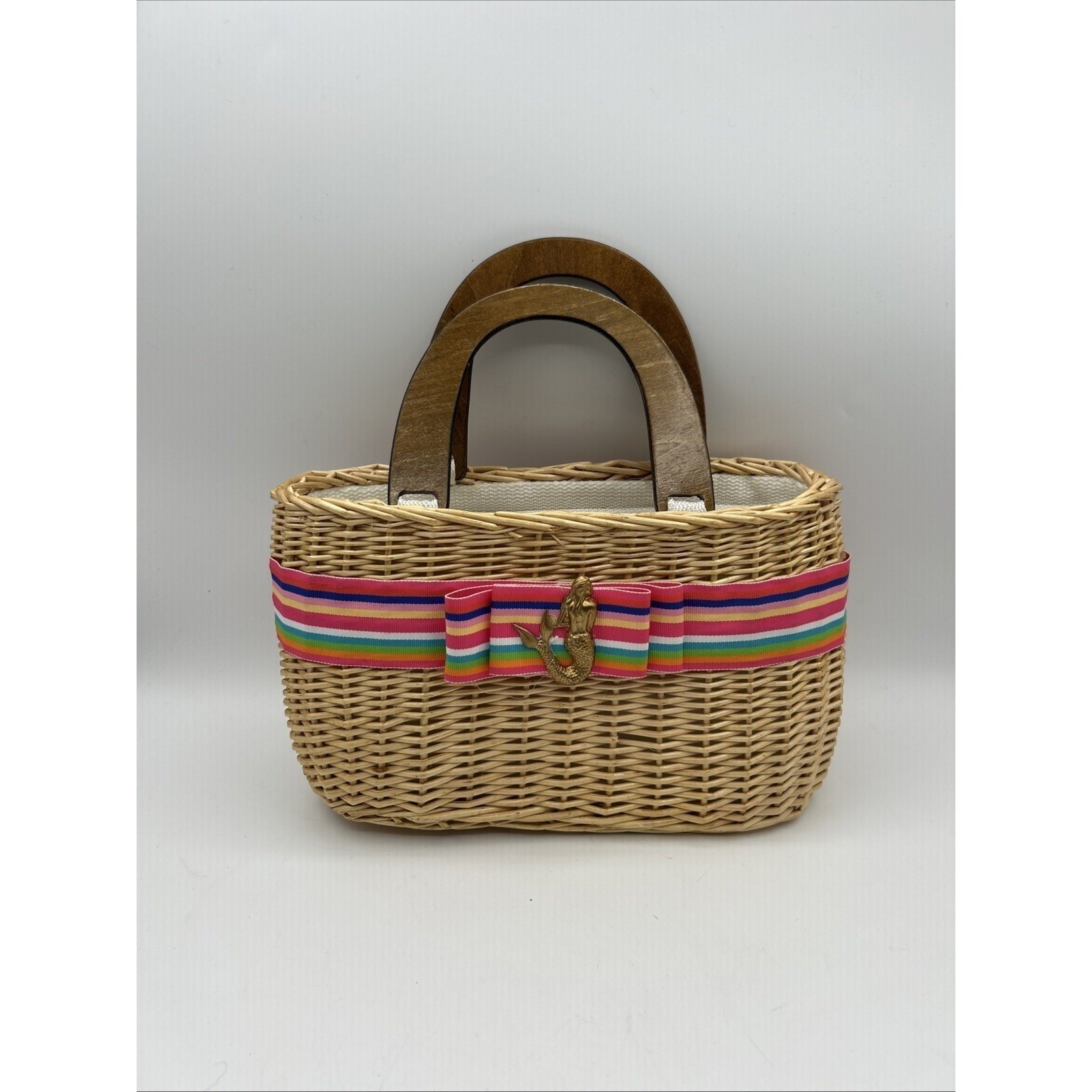 Pandamerica Wicker Basket Bag Mermaid Charm Rainbow Ribbon Wood Handle Tan Small