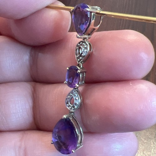 Vintage 10K Yellow White Gold 3 Gemstone Amethyst Dangle Drop Pendant 2.16g - Picture 2 of 14