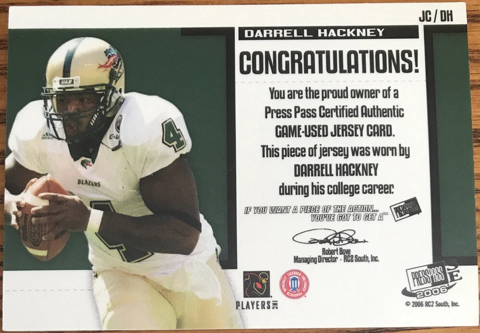 2006 Press Pass SE Game Used Jerseys GOLD Darrell Hackney JCDH #’d 171/199 - Image 2 of 2
