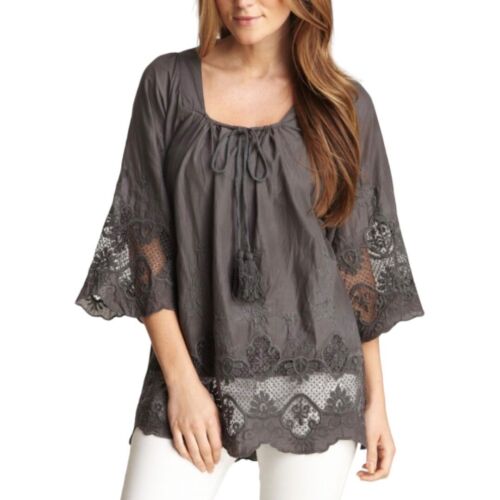 NWOT Monoreno Peasant Blouse Sz.S Grey 100% Cotton Tassels Eyelet Lace Cottage