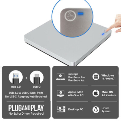 Externes CD DVD Laufwerk, Tragbarer Typ-C USB 3.0 Slim CD DVD RW Brenner