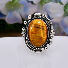 Natural Tiger Eye Oval 925 Sterling Silver Ring Christmas Jewelry Gift For Her.