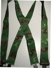 Men's Suspenders X Style Moose on Green Clips, Belt Loop Snap On USA Made